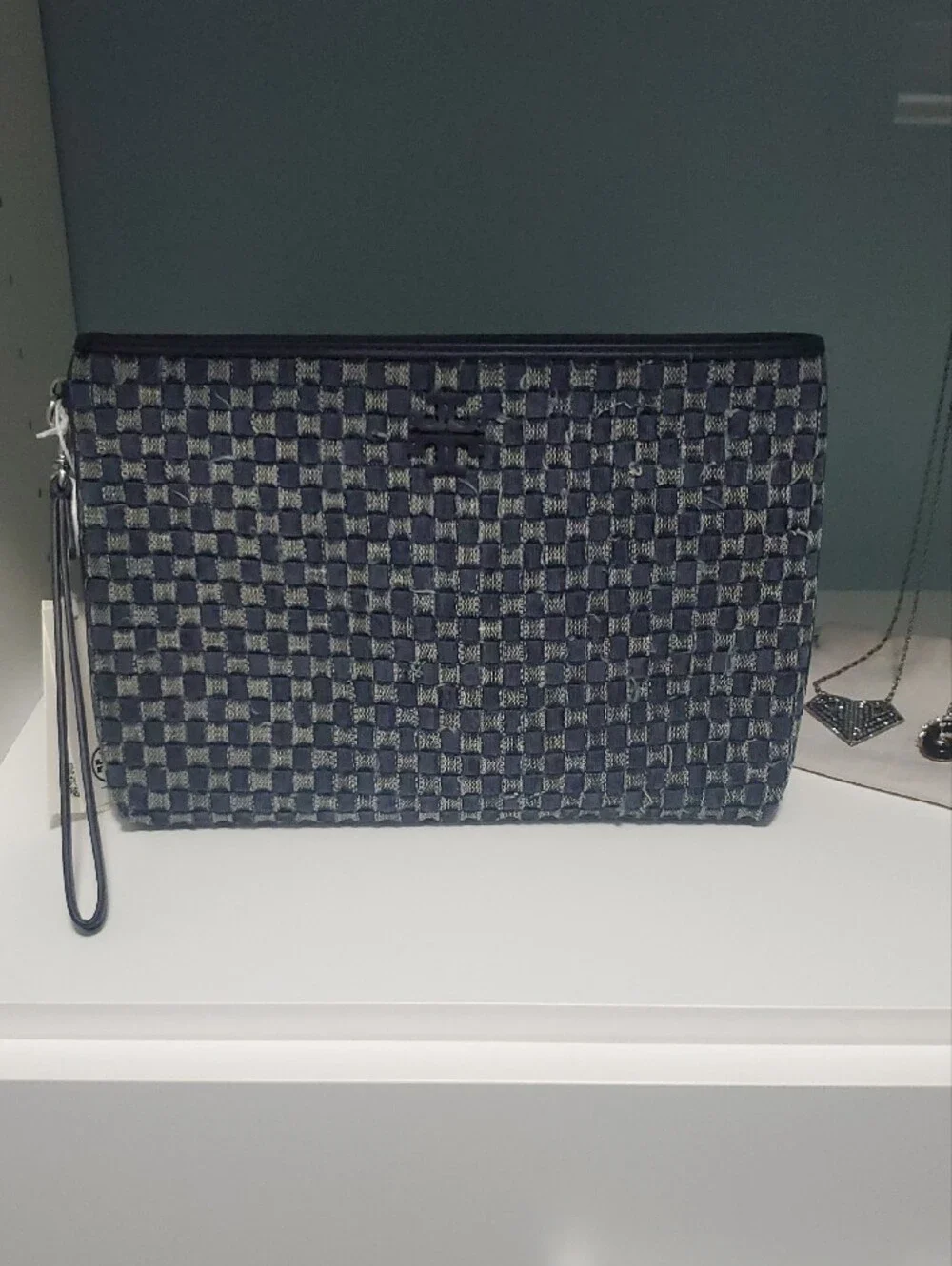 TORY BURCH WOVEN POUCH/WRISTLET. NAVY &GREY